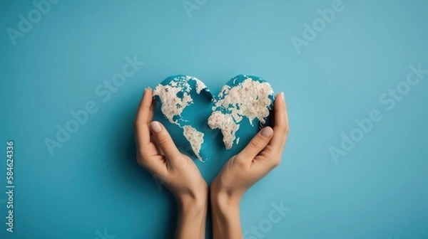 Fototapeta Female hands, painted in the world map, forming heart shape isolated on blue background. Generative AI