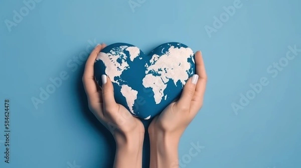 Fototapeta Female hands, painted in the world map, forming heart shape isolated on blue background. Generative AI