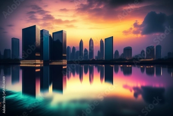 Fototapeta Panorama of a modern city at sunset with reflection in the water
