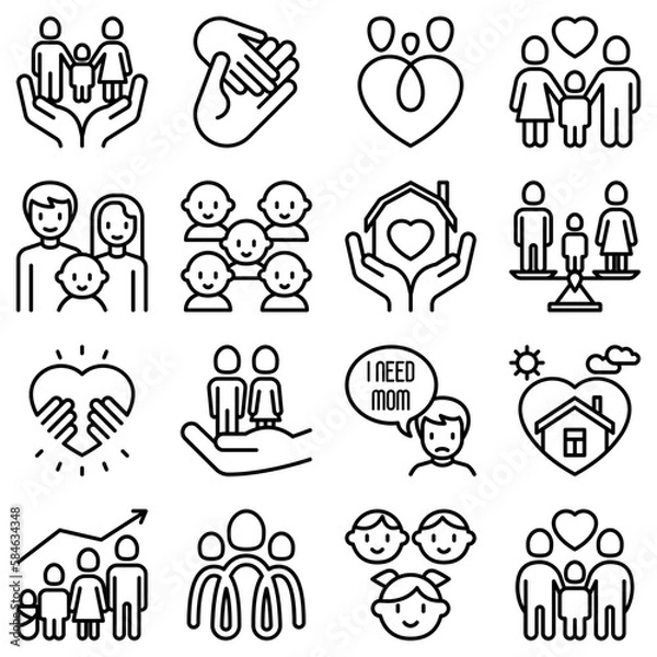 Obraz Child adoption thin line icons set: adoptive parents, helping hand, orphan, home care, LGBT couple with child, custody, caregivers, happy kid. Modern vector illustration.
