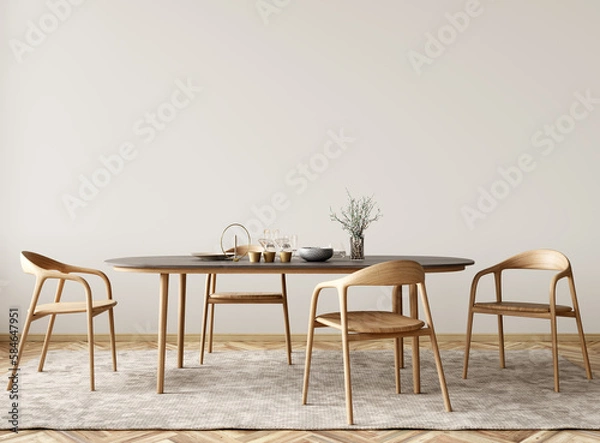 Fototapeta Interior design of modern dining room, dining table and wooden chairs. 3d rendering