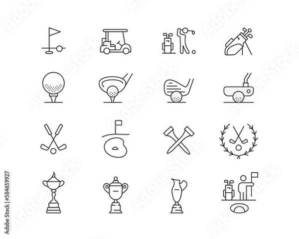Fototapeta Kolekcja ikon golfa zawierająca 16 edytowalnych ikon udaru. Idealny do logo, statystyk i infografiki. Zmień grubość linii w Adobe Illustrator (lub dowolnej aplikacji zdolnej do wektora).
