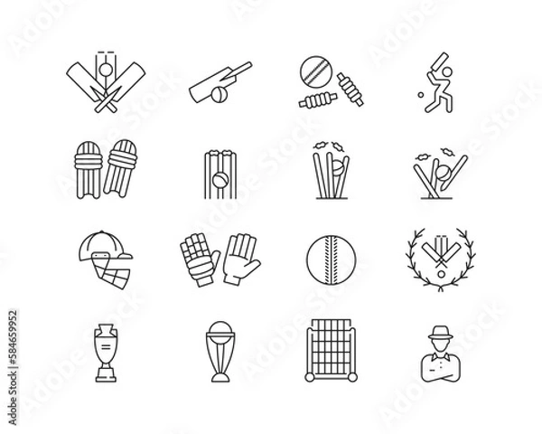 Fototapeta Cricket Icon collection containing 16 editable stroke icons. Perfect for logos, stats and infographics. Change the thickness of the line in Adobe Illustrator (or any vector capable app).