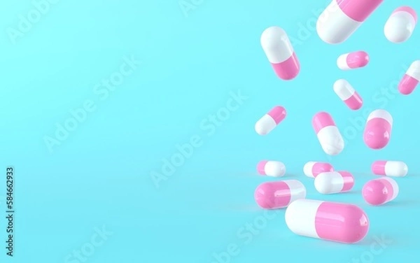 Fototapeta A banner template for a pharmacy, multivitamin supplements products store. Blue background. The falling capsules are white and pink half. 3d render illustration.