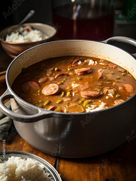 Fototapeta Large pot of gumbo with sausage and rice created with Generative AI technology
