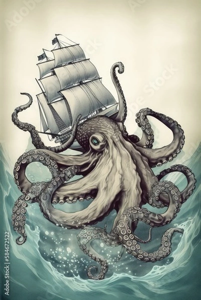 Obraz octopus and ship, generative AI