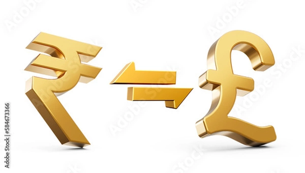 Fototapeta 3d Golden Rupee And Pound Symbol Icon With Money Exchange Arrows On White Background 3d illustration