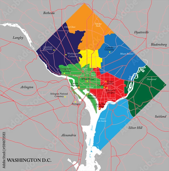 Obraz Washington D.C. map with all 8 wards and surrounding area