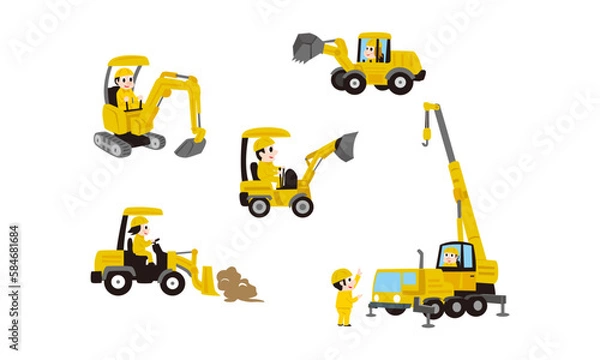 Fototapeta 工事で使用する建機、重機車輛たちのかわいいイラスト02