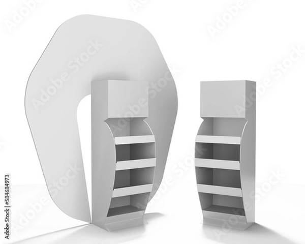 Fototapeta White Supermarket POS Cardboard Floor Display Racks, Blank Empty Advertisement Stand Mock Up, 3D rendering
