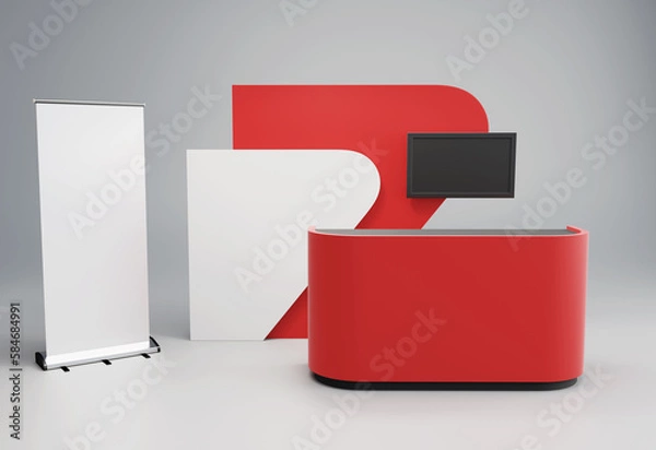 Fototapeta Advertising Booth 3d Mockup, Retail Trade Stand With Red Counter, Advertising POS POI Promotion counter, 3D rendering	
