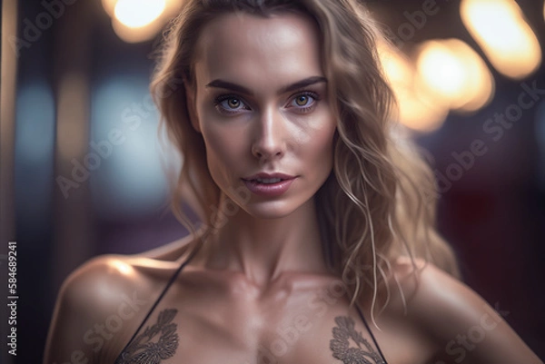 Fototapeta Close up portrait of gorgeous skinny cute lovely her she girl in salon relaxing of aroma sensitive procedure clear clean concept in bra, ai generative