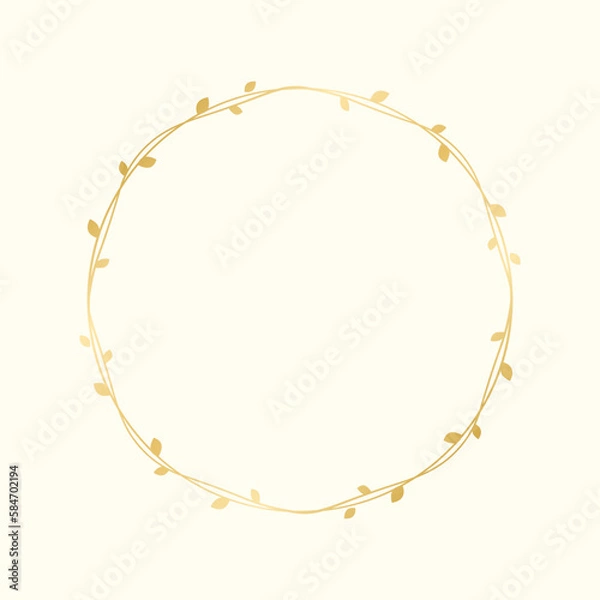 Fototapeta Circle golden frame with botanical design. Round vine frame wedding elegant wreath. Vector isolated illustration.