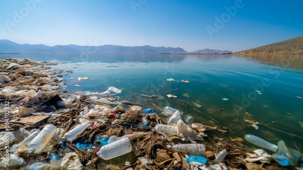 Fototapeta Plastic pollution in ocean. Problem plastic bottles and microplastics floating in the open ocean. Marine plastic pollution concept. Generative AI