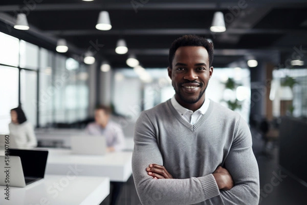 Obraz African American man with black hair in a tech office. Male worker in modern work space. generative AI