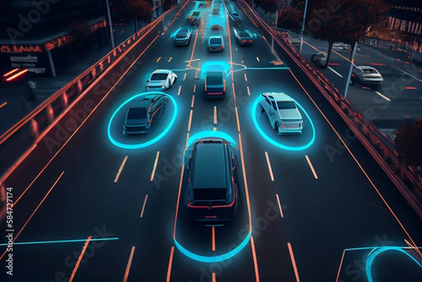 Obraz Autonomous car driving on road and sensing systems, driverless car, self-driving vehicle interaction