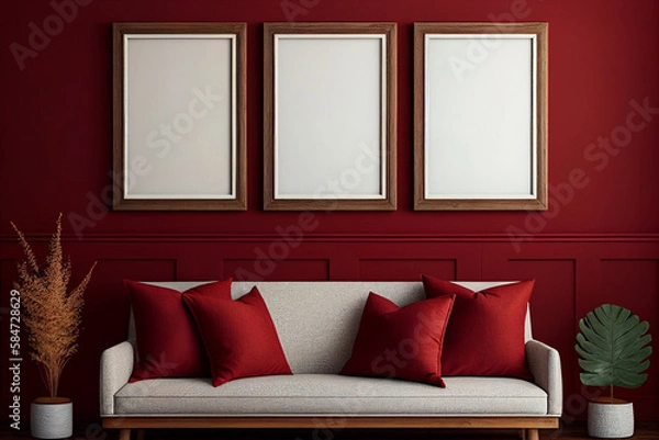 Obraz Modern red room in apartment with three empty big poster in frame. Contemporary maroon frontal 3d interior with furniture: sofa, pillows, plants. Generative AI