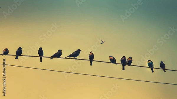 Obraz "A group of birds perched on a telephone wire, creating a picturesque and charming scene