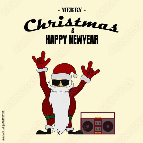 Fototapeta banner merry christmas and happy new year, illustration of santa claus raising hands and dancing with the speaker tape. can be used for background and design additions. vector