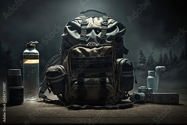 Obraz A backpack with supplies, bug out bag, backlit, generative AI