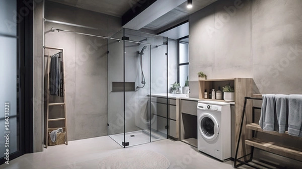 Obraz Bathroom interior with shower, washer and dryer. Generative AI