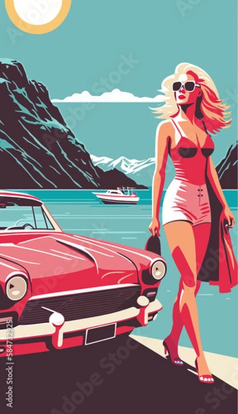 Fototapeta Summer concept. Girl on the way to summer holidays. Vector style. Generative AI technology.	
