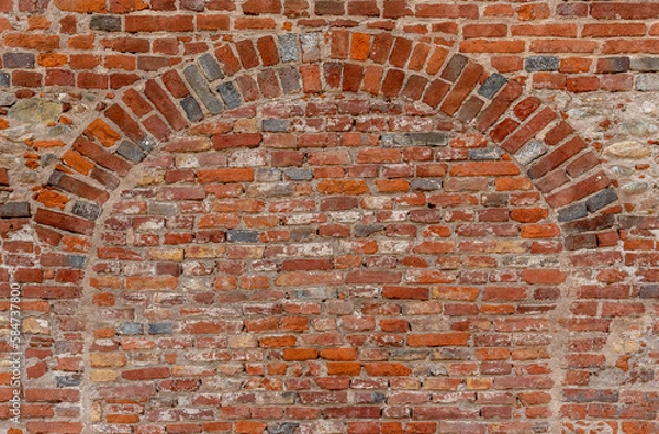 Obraz Wall texture with geometry with old red brick, brick wall with red e gray brick archway