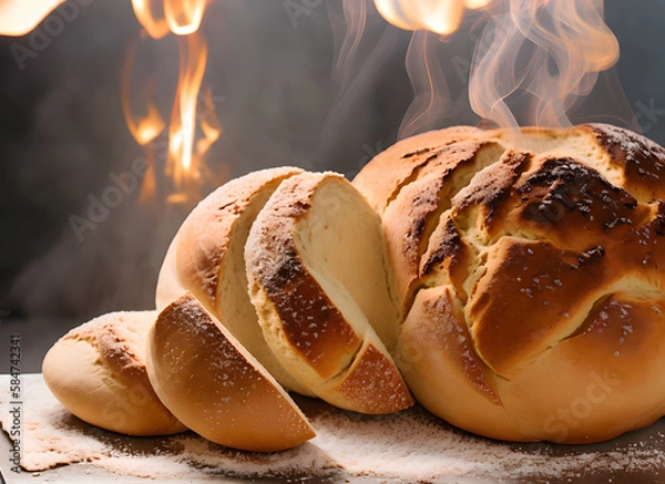 Fototapeta The photo shows beautifully baked bread that has been taken out of the oven. There is a slight puff of smoke around the bread. the inside looks soft and fluffy. Generative AI