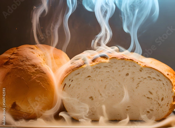 Fototapeta The photo shows beautifully baked bread that has been taken out of the oven. There is a slight puff of smoke around the bread. the inside looks soft and fluffy. Generative AI