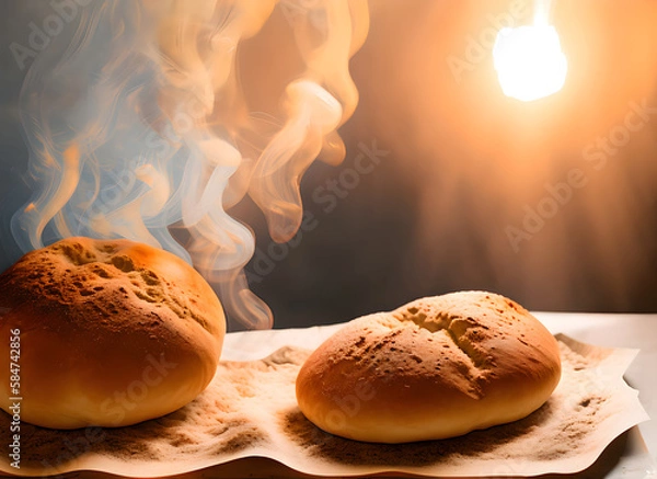 Fototapeta The photo shows beautifully baked bread that has been taken out of the oven. There is a slight puff of smoke around the bread. the inside looks soft and fluffy. Generative AI