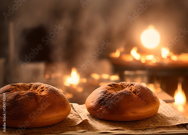 Fototapeta Two loaves of bread, placed on an old, wooden board. They are all freshly baked and have beautiful, golden skin colors. Generative AI