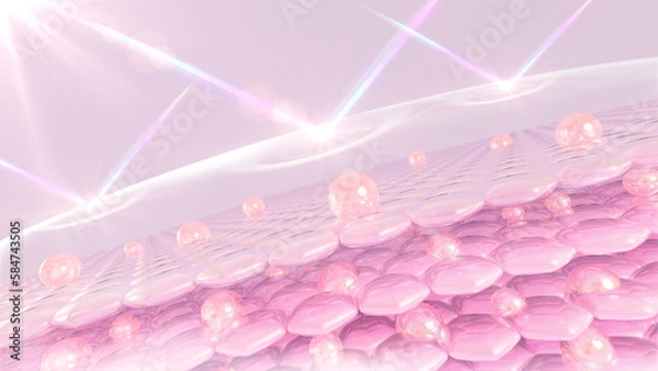 Fototapeta UV-protected 3D rendering of skin cells. Reflective ultraviolet protection. cosmetics, sunscreen, lotion, and serum advertisements. UVA and UVB protection.