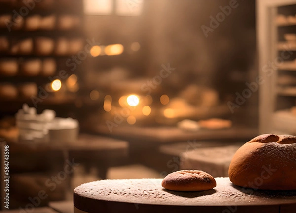 Fototapeta Two loaves of bread, placed on an old, wooden board. They are all freshly baked and have beautiful, golden skin colors. Generative AI