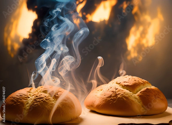 Fototapeta The photo shows beautifully baked bread that has been taken out of the oven. There is a slight puff of smoke around the bread. the inside looks soft and fluffy. Generative AI