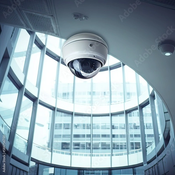 Fototapeta Security, CCTV cameras in the office building, and home security system concept with blur background. Outdoor CCTV Security camera installed on the building wall in the city. Generative Ai
