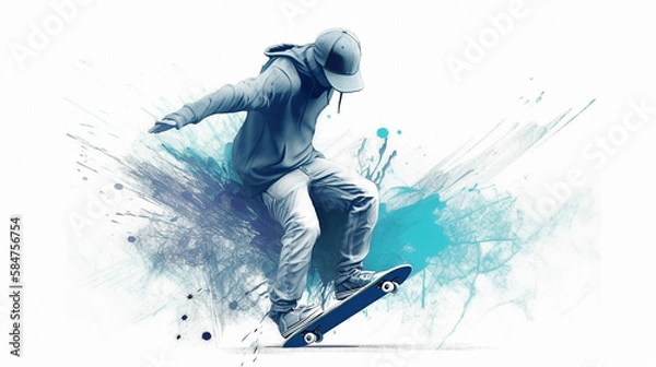 Fototapeta illustration of a skateboarding on white background created with generated AI technology