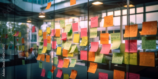 Obraz Sticky notes on glass wall in the office for business brainstorming concept. Generative Ai
