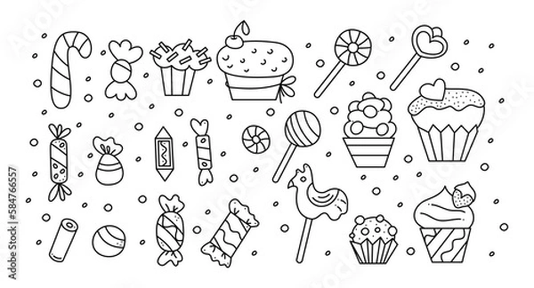 Fototapeta A large set of different types of candies, sweets and cupcakes. Doodle vector black and white illustration.
