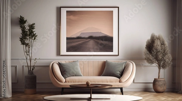 Fototapeta Bohemian Interior Design Style living room in pastel colors mock-up with frame for picture generative ai