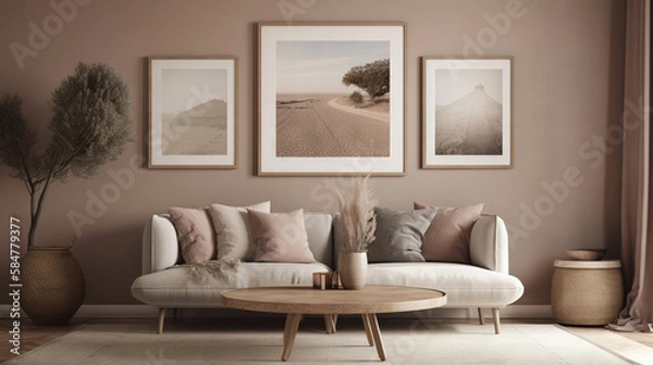 Fototapeta Bohemian Interior Design Style living room in pastel colors mock-up with frame for picture generative ai