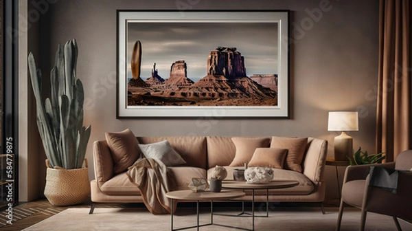 Fototapeta Bohemian Interior Design Style living room in pastel colors mock-up with frame for picture generative ai