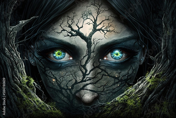 Fototapeta Dark spooky old forest and beautiful witch with black spooky eyes. Ai generated. 
