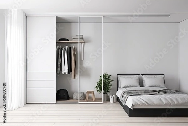 Fototapeta Interior of modern sleeping room with minimal closet over white wall. Contemporary room with dresser. Home design with poster - Generative AI