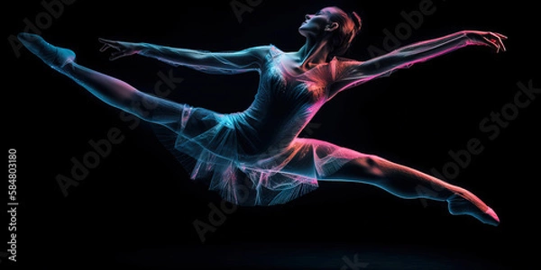 Fototapeta Young beautiful woman emotionally dancing contemporary, modern ballet dance. Shot in a dark studio with blue lights. Generative AI