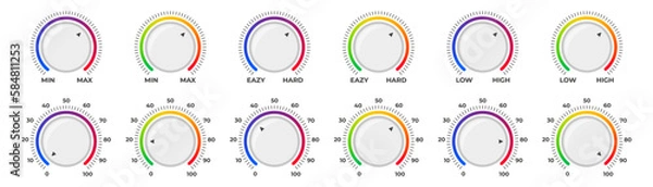 Obraz Adjustment dial. Volume level knob with round scale. Volume level handle. Vector illustration.