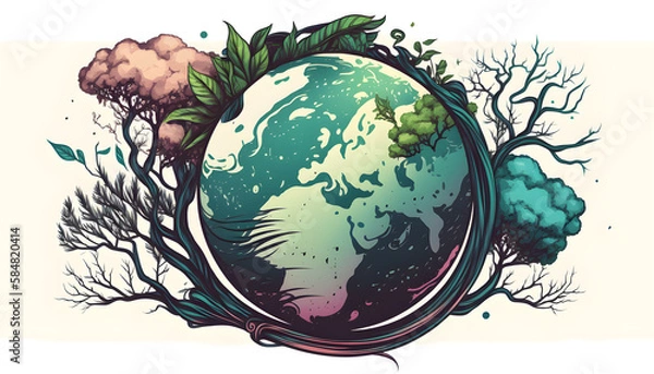 Fototapeta planet earth illustration. Symbol of life, nature, fund, ecology, international events. Hand drawn on background, isolated clip art element for design.