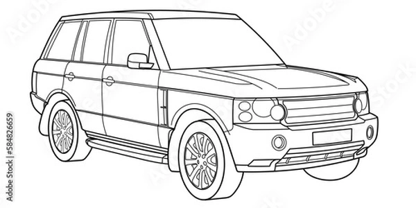 Fototapeta Classic luxury suv car. Crossover car front view shot. Outline doodle vector illustration. Design for print, coloring book