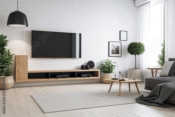 Fototapeta Minimalist TV room on white wall. Generative AI