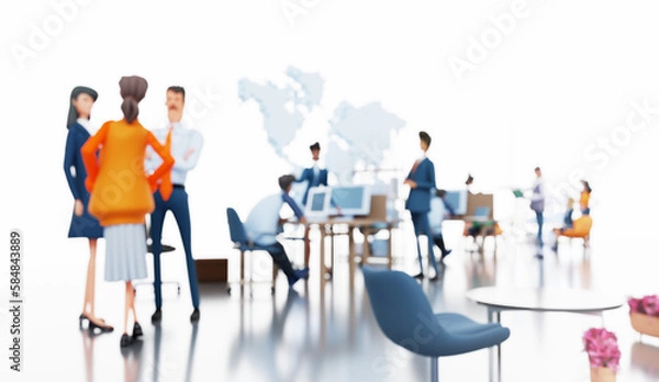 Fototapeta Successful team of business people working together in office, collaborating on a project, talking and sharing ideas. 3D rendering illustration