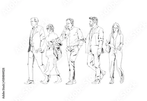 Fototapeta Sketch of Business people in suit walking in the city. People with rucksack, handbags and mobile phones. 
